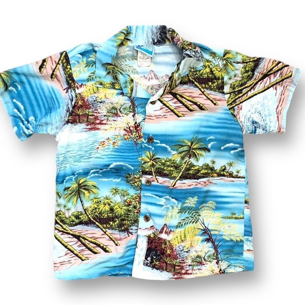 Kids RJC Shirt Paradise Island Surf Short Sleeve Camp Collar Blue‎ Button Front